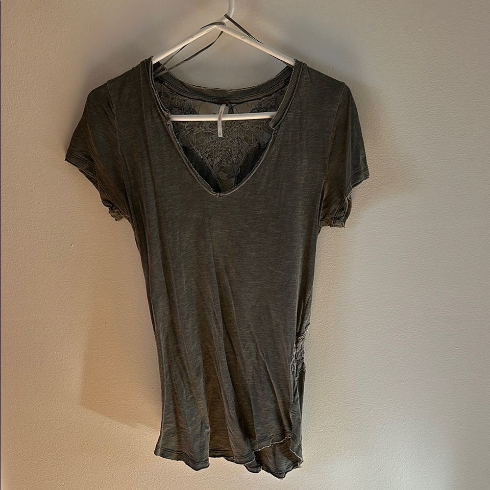 Free People Olive Green V-Neck Tee with Lace Details